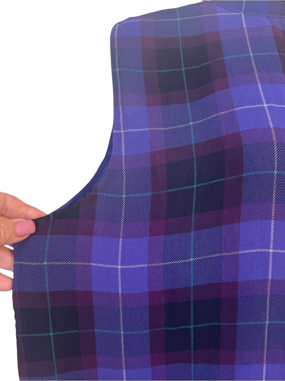 ANN TAYLOR Ruffle Front Purple/Black Plaid Sleeveless Blouse  XLARGE     #C - Picture 5 of 7
